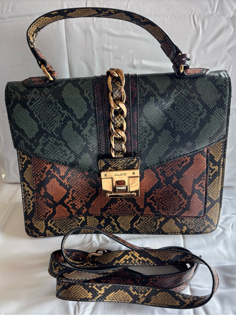 Aldo Multicolor Snake-Print Top Handle Satchel (Green, Brown, Black) cairns